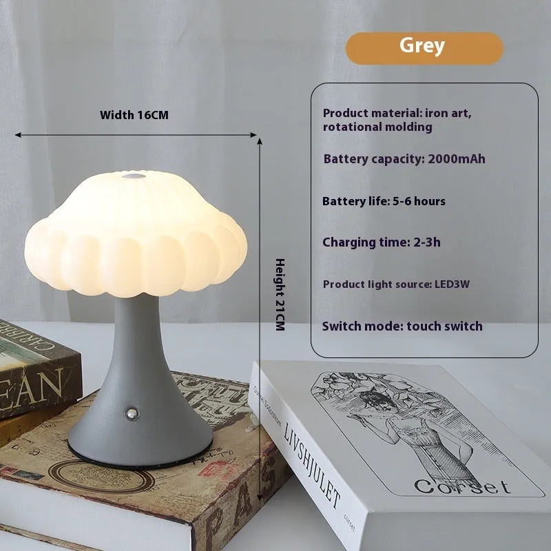 Mushroom-shaped decorative lamp with USB charging port and touch control in five colour options