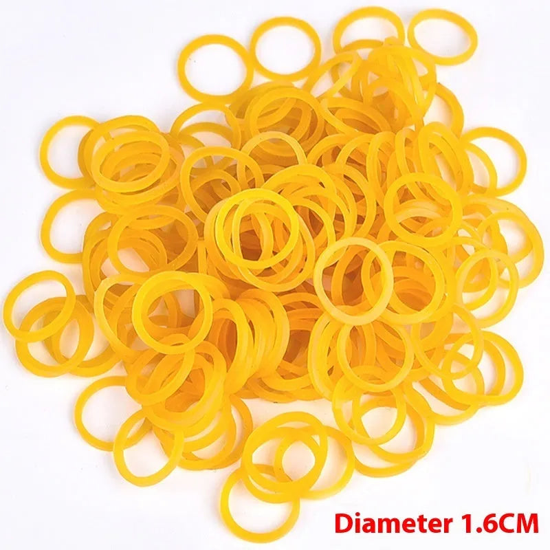 500g pack of assorted diameter yellow rubber bands ranging from 16mm to 70mm.