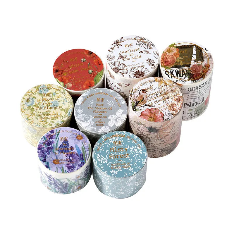 Roll of Japanese paper washi tape with vintage floral watercolour design showing width measurement