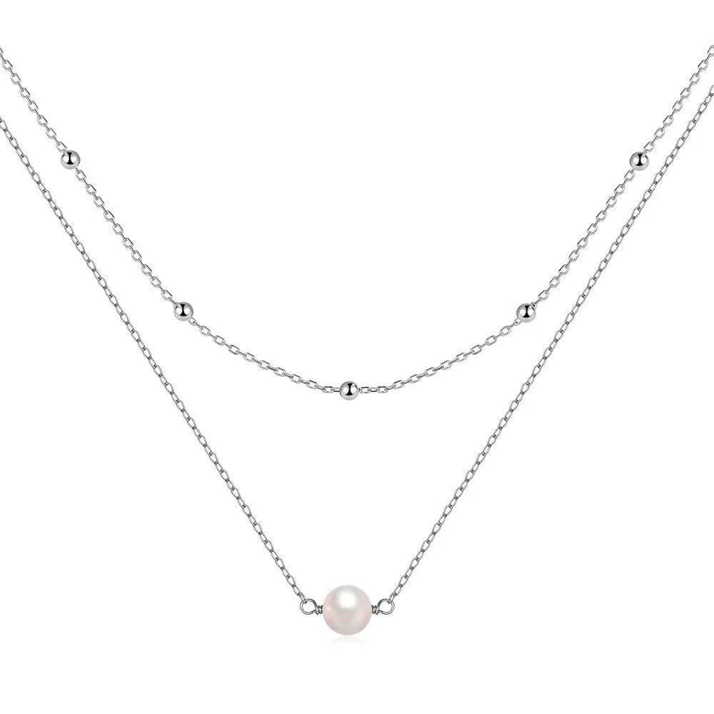 S925 sterling silver double layer necklace with twin pearls and geometric pendant in gold plating