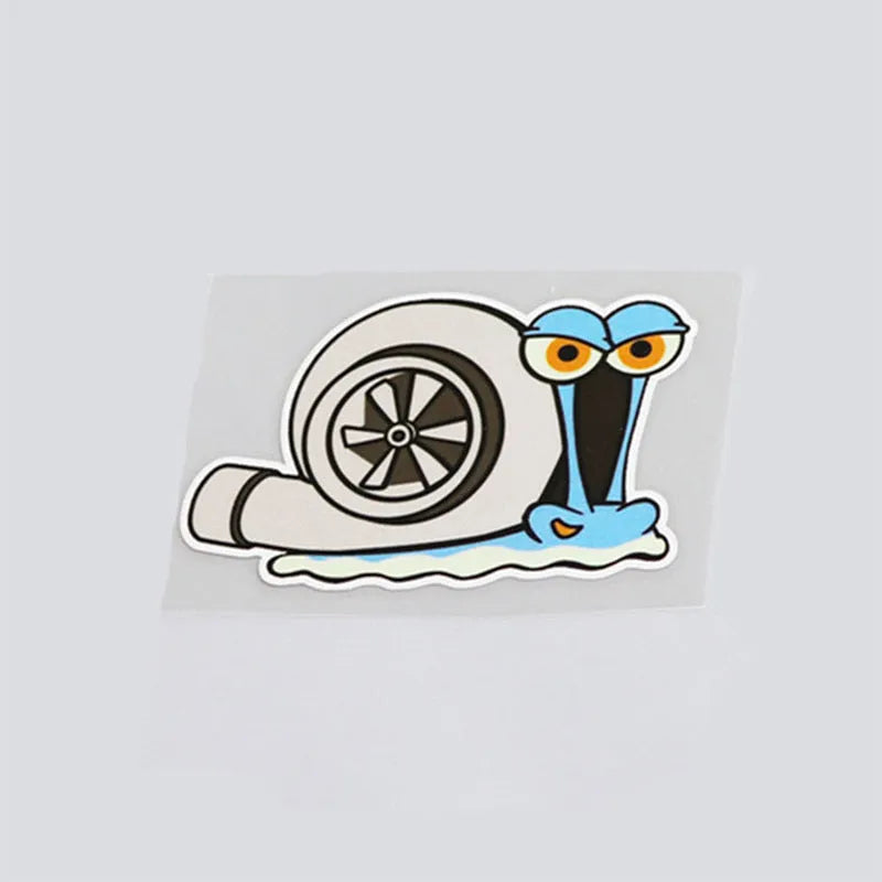 White cartoon snail reflective vinyl car sticker measuring 12 by 8 centimetres
