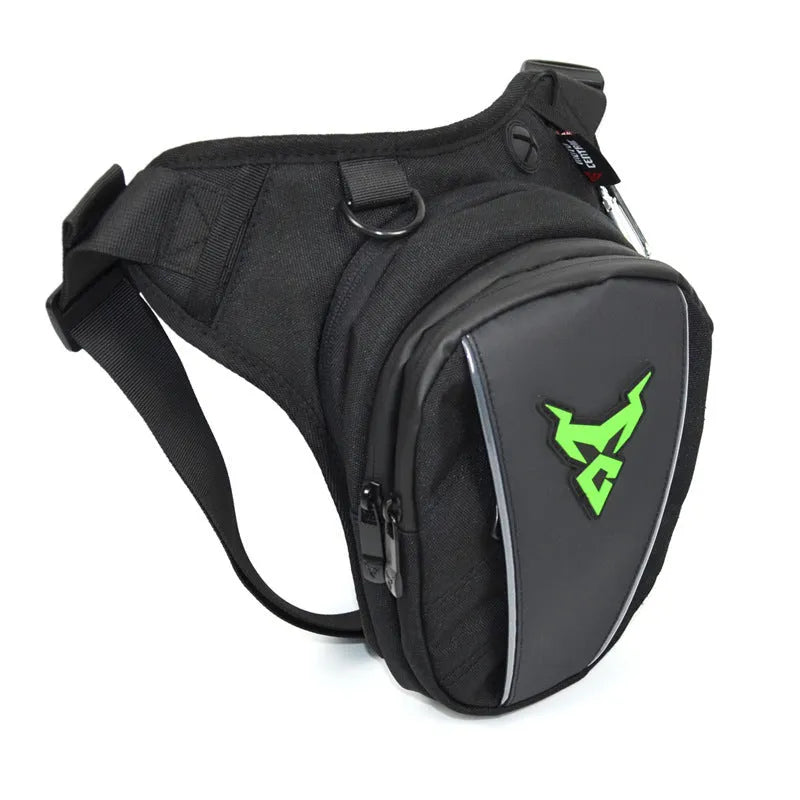 0105MC motorcycle leg bag in 1200D Oxford cloth, shown in red, blue, green, and grey colour options.