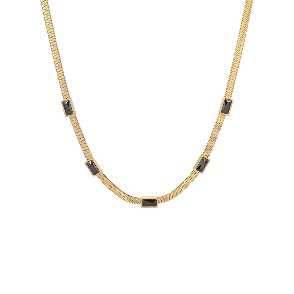 Geometric square zircon stainless steel necklace with flat snake chain and 18K electroplated finish