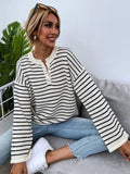 Women's black striped loose casual top with drop-shoulder long sleeves