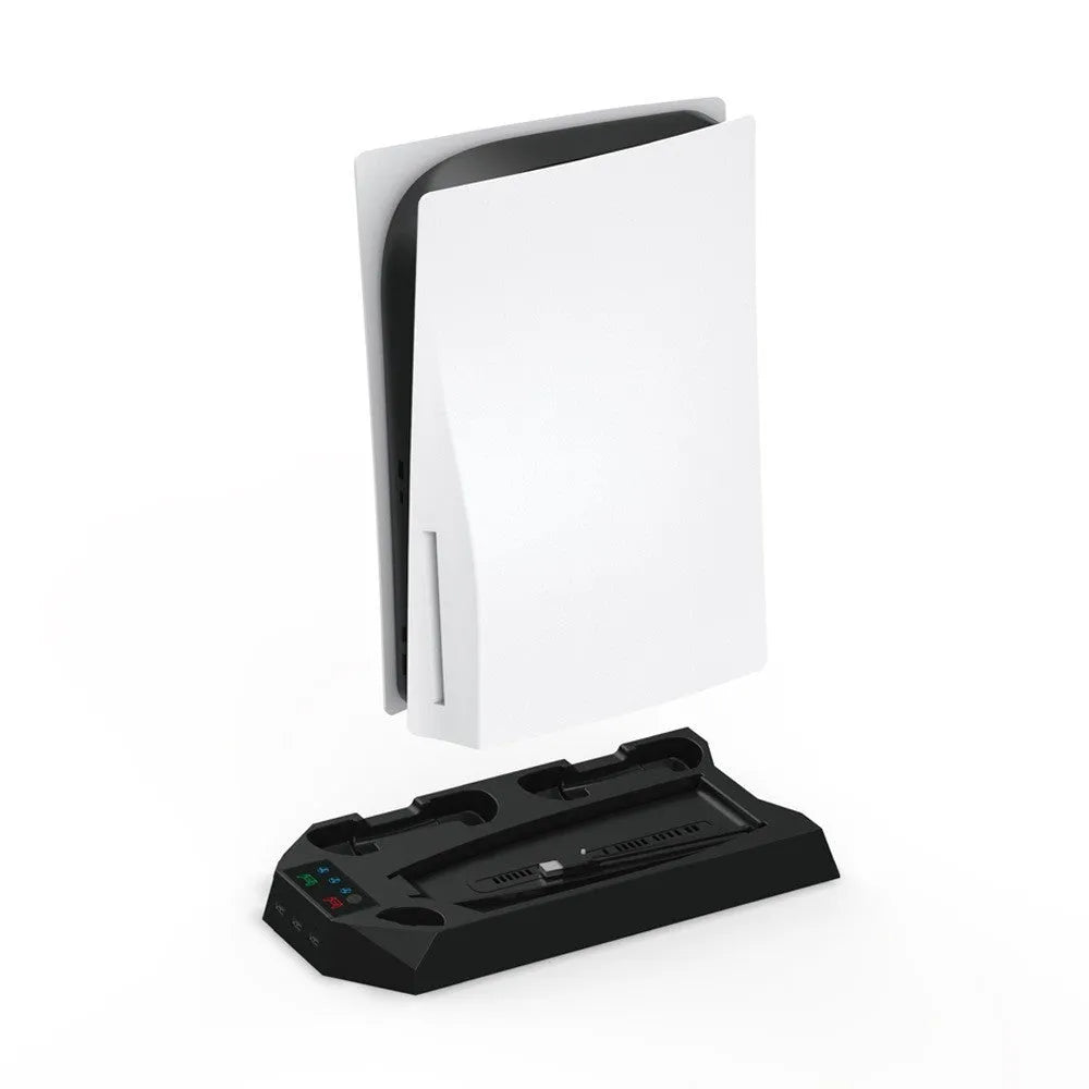 White PS5 charging dock and cooling base station with controllers and headset on display
