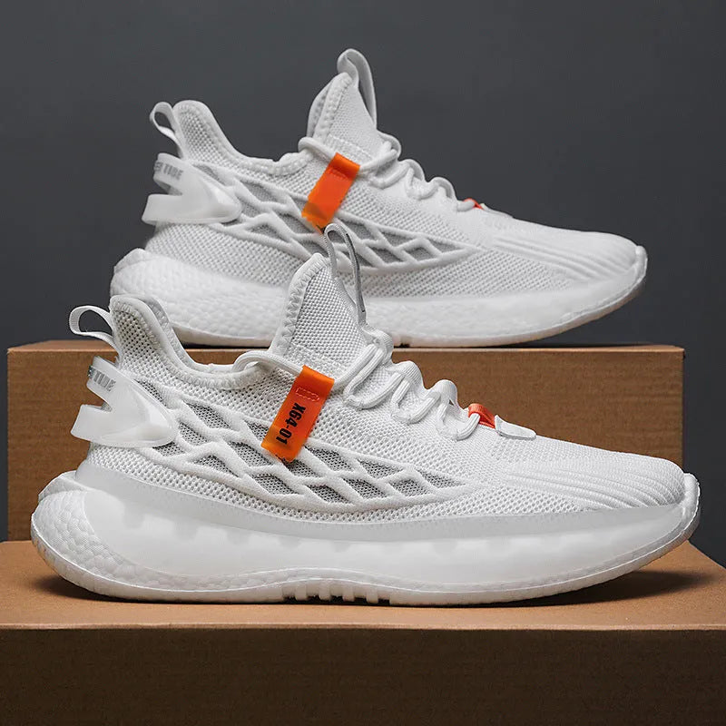 Men's white casual sneakers with woven mesh upper, platform rubber sole, and front lace-up closure.
