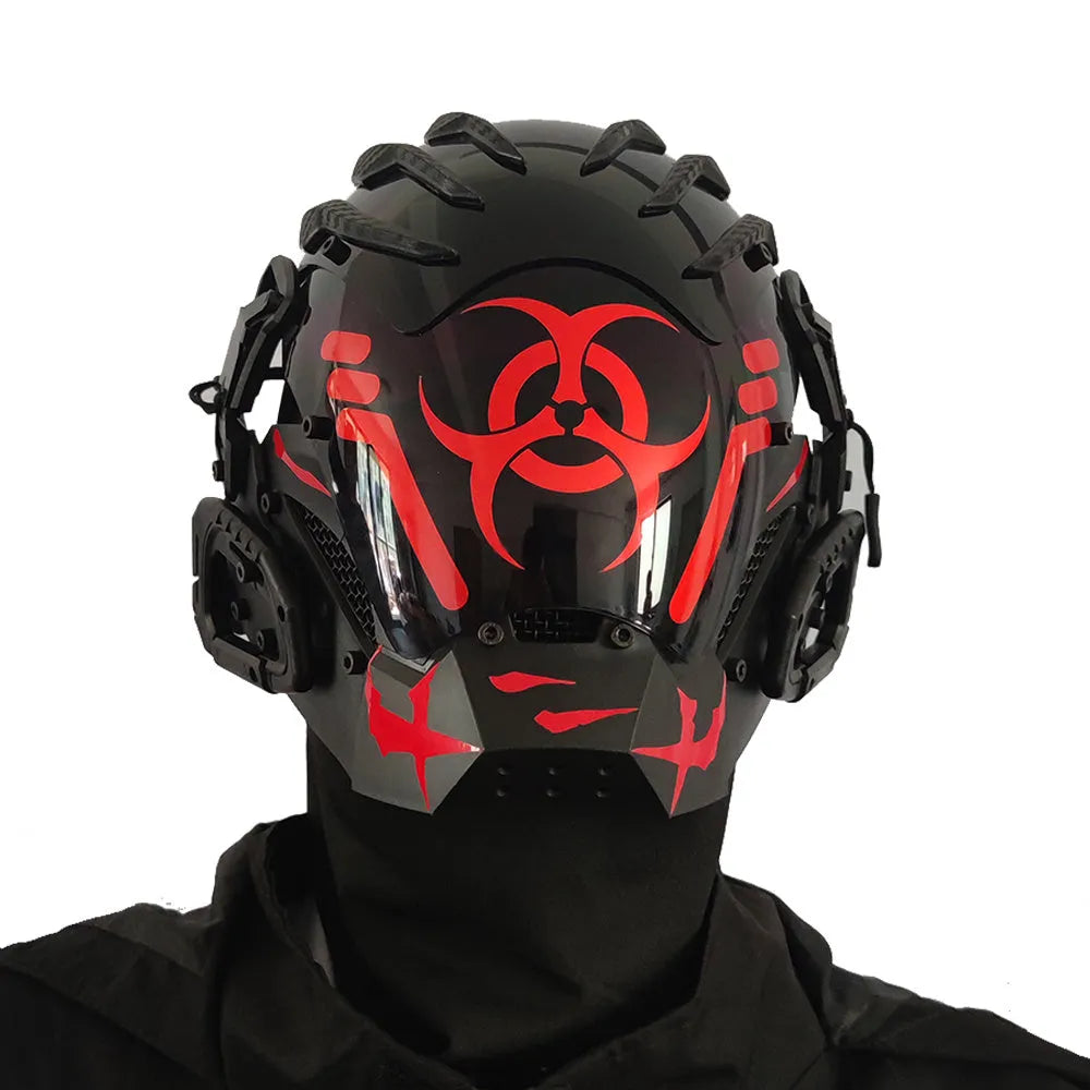 Black cyberpunk-style full face prop mask helmet model CYBER04 for cosplay and parties.