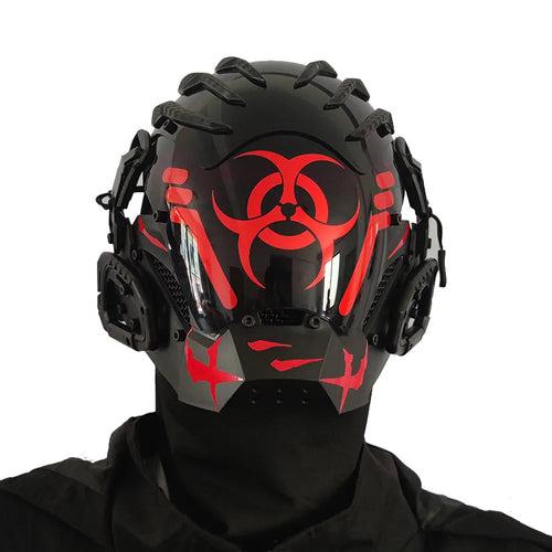 Black cyberpunk-style full face prop mask helmet model CYBER04 for cosplay and parties.