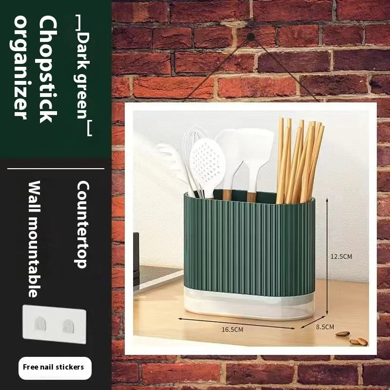 Cross-ventilation chopsticks holder with wall-mounting cage for kitchen utensil organisation in plastic construction