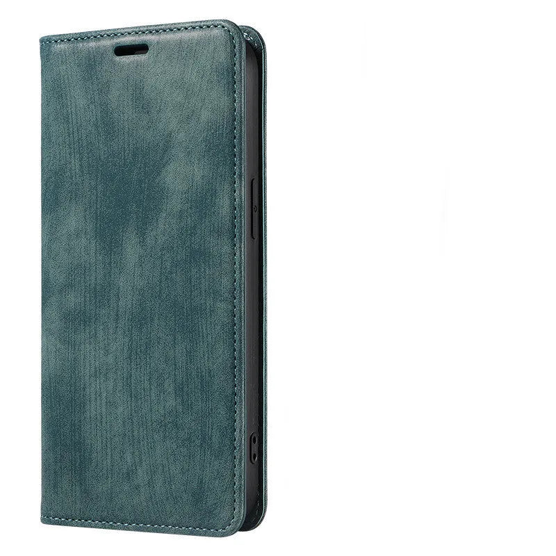 Magnetic flip leather phone case for iPhone in various solid colours, shown open and closed.