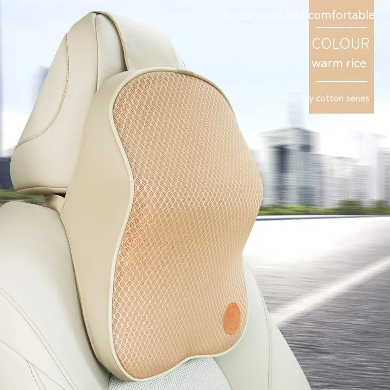 Black memory foam car headrest pillow and lumbar support pillow set on car seat