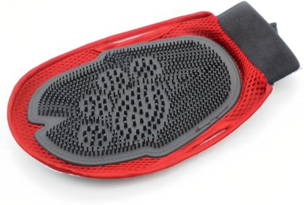 Red pet grooming glove with integrated silicone brush bristles for bathing and hair removal