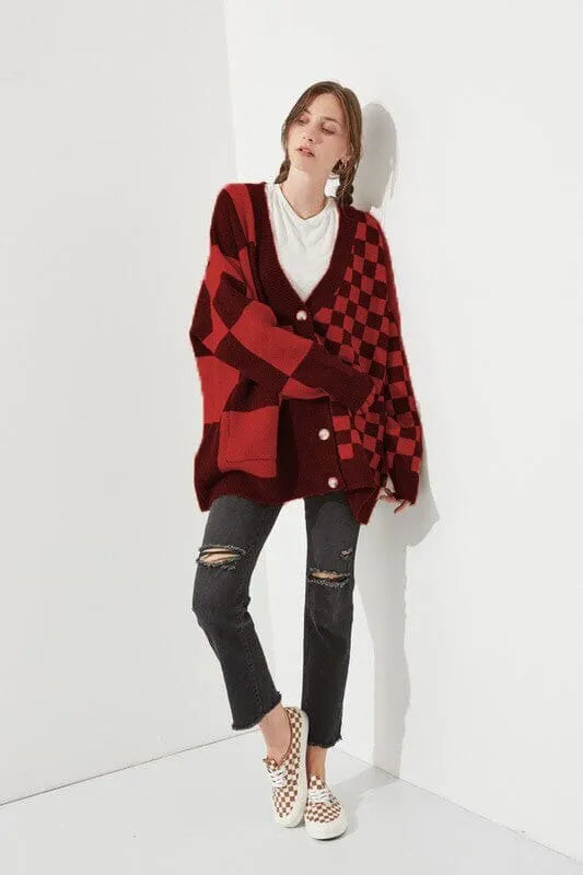 Grey printed checks knitwear cardigan on a model, showing loose slim fit and regular sleeves.
