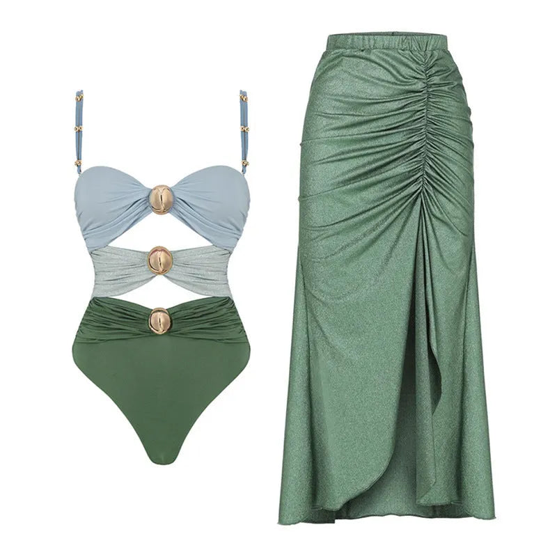 Women's yellow split high-waist bikini set with ruffled skirt laid flat