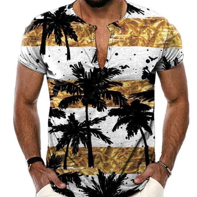 Men's short sleeve sports shirt with 3D printed pattern and lapel button in polyester fabric