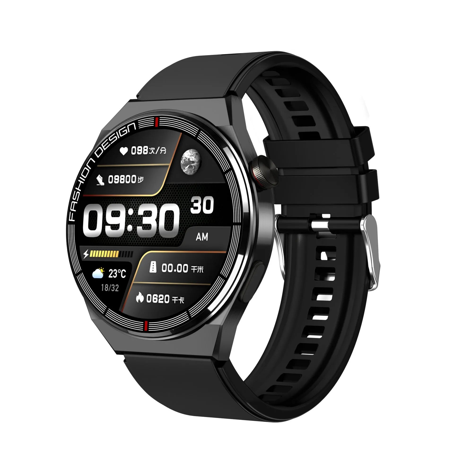 Black smartwatch with circular 46mm dial on a silicone strap, showing a heart rate monitoring display on its screen.