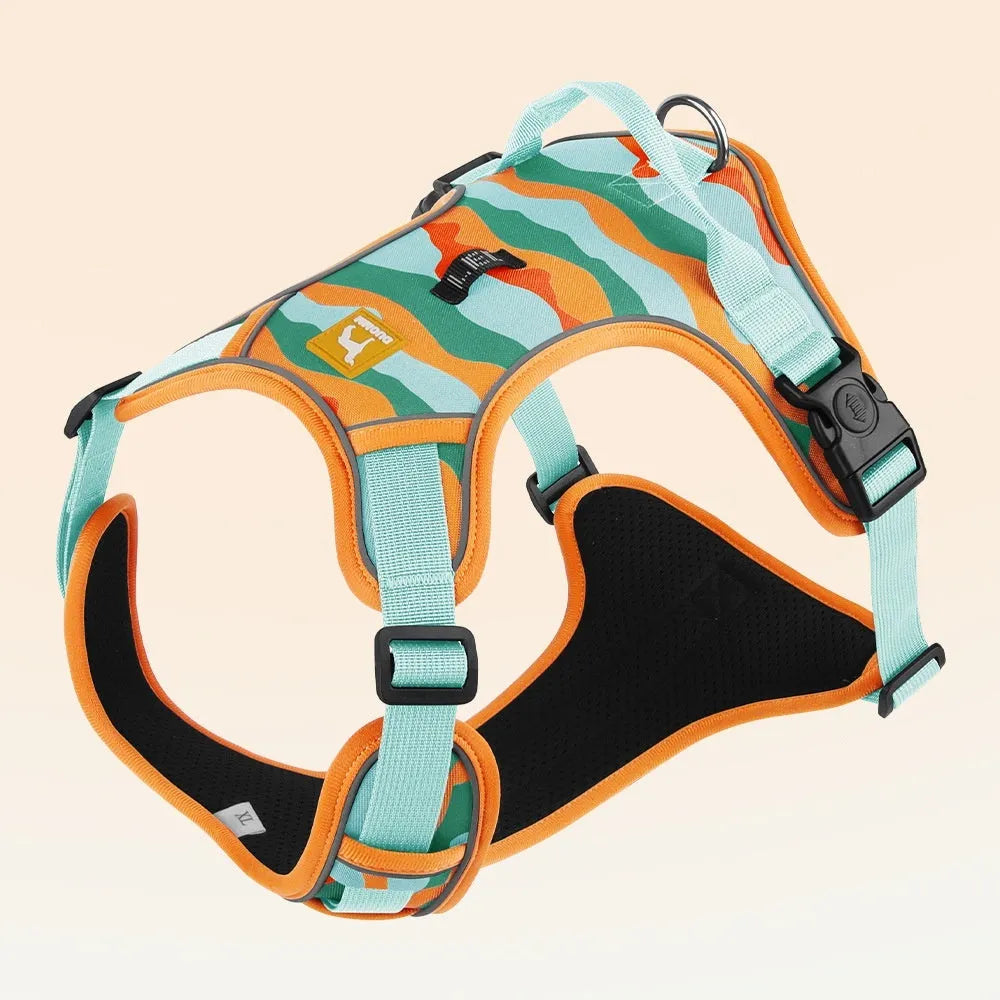 Orange reflective dog harness and leash combination for commuter safety, shown with size options.