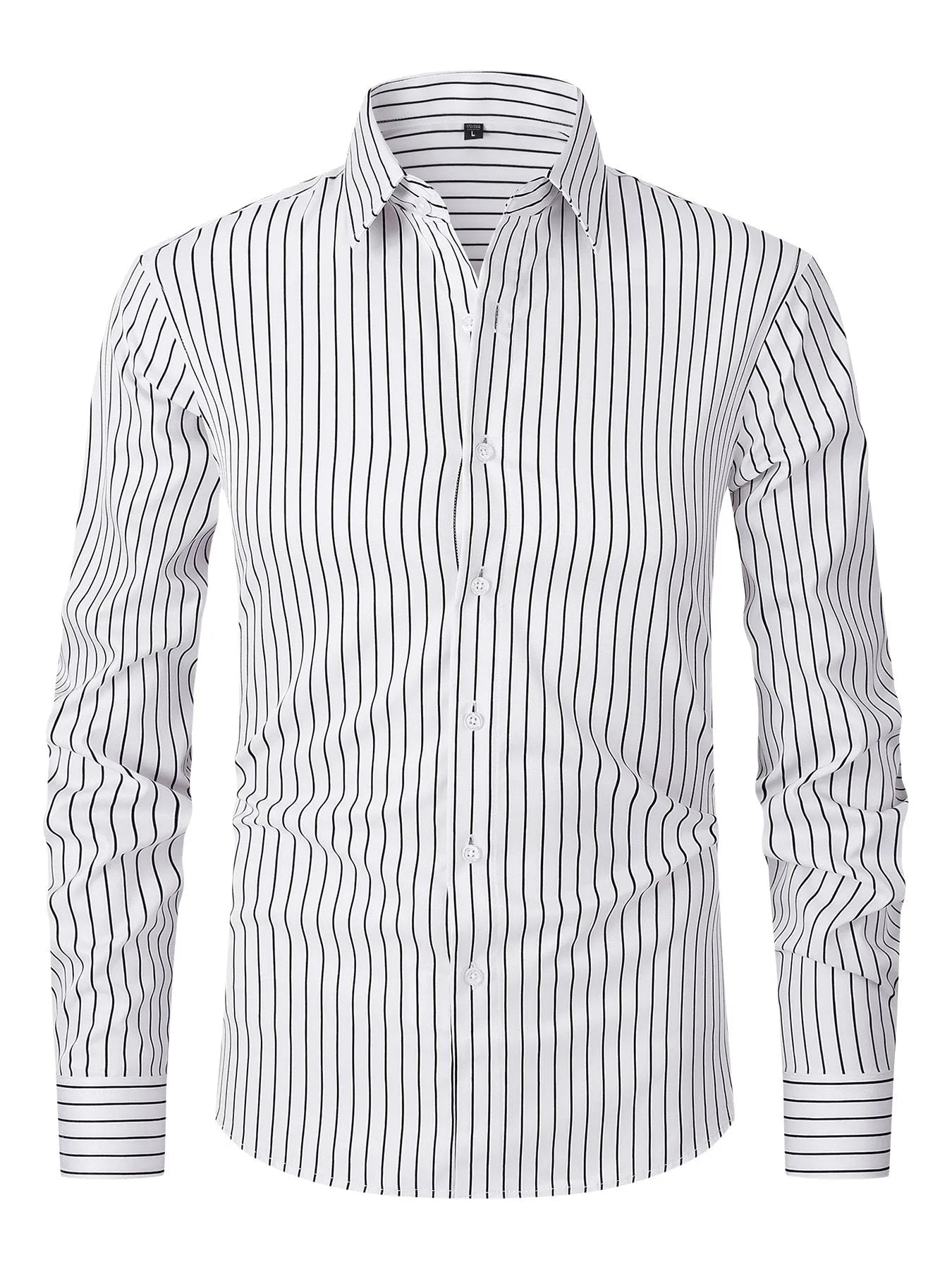 Men's slim fit striped long sleeve business shirt in polyester blend fabric on a hanger
