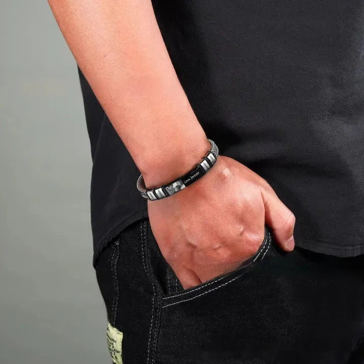 Men's titanium steel and leather rope lettering bracelet showing heart shape and bead design options.
