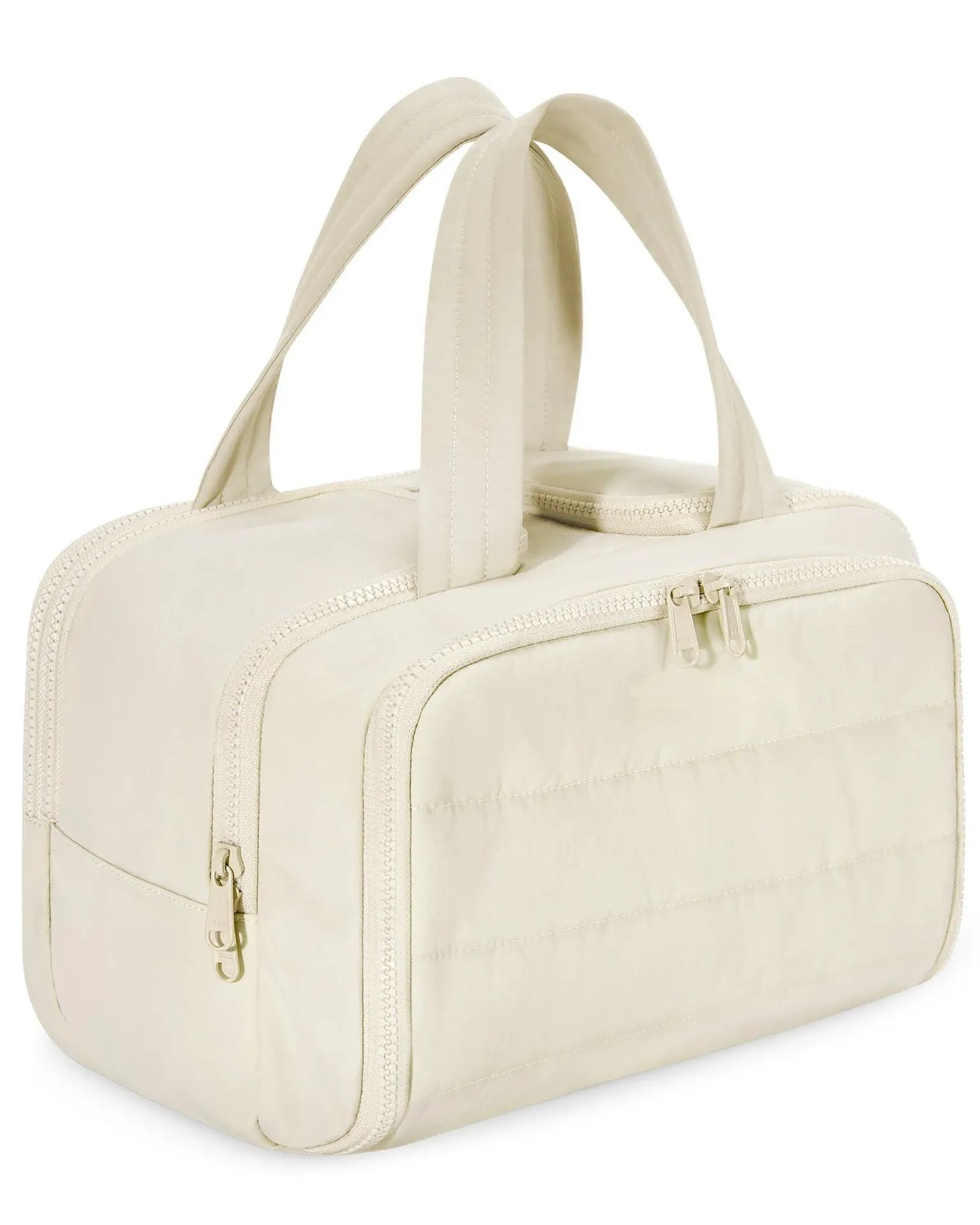 Large wide open travel toiletry bag in lightweight polyester with fluffy texture, showing interior space