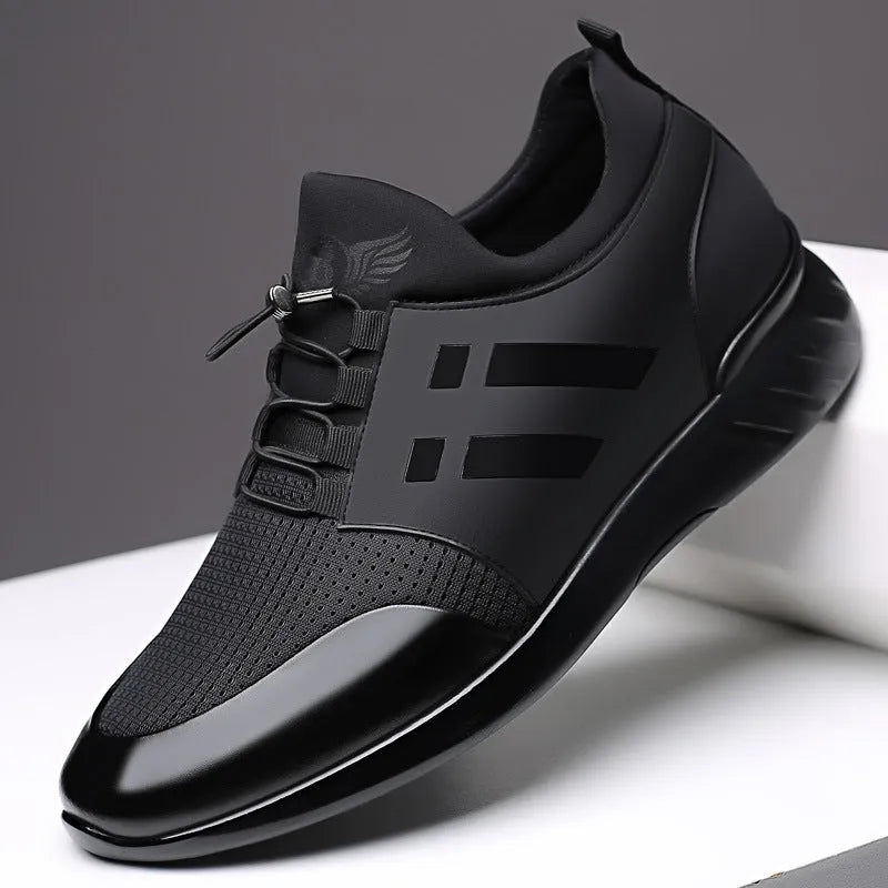 Men's black casual shoes with hidden height increase, showing chunky rubber sole and choice of leather or mesh upper