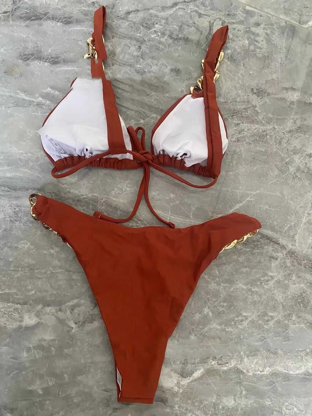 Brown tube-top push-up bikini swimsuit with adjustable ring tether and split design