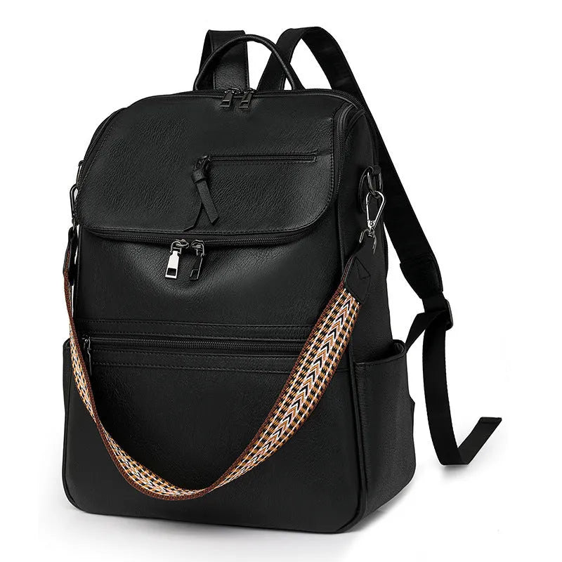Retro college backpack with curved shoulder straps in multiple colour options including black, blue, grey, and coffee tones