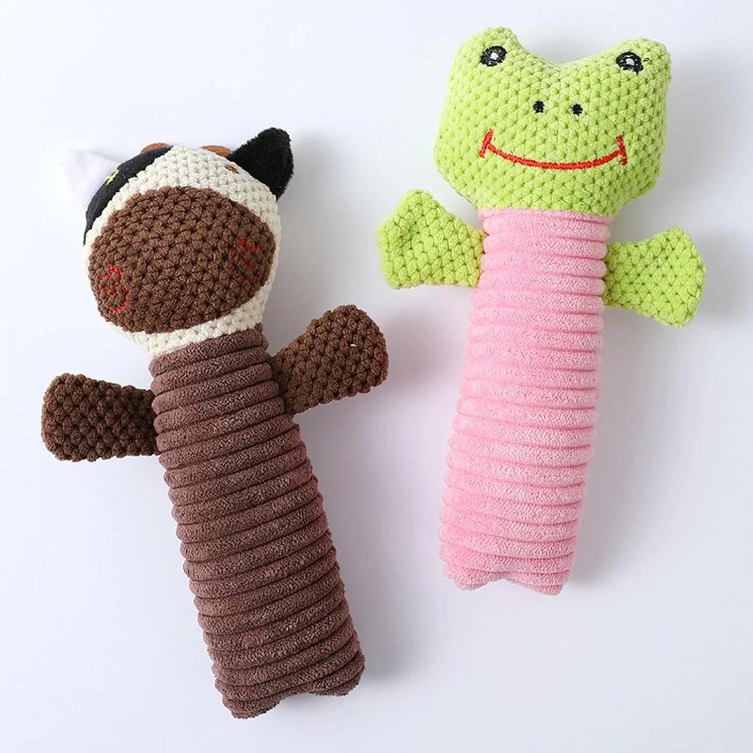 Soft plush dog chew toy in calf, frog, or puppy design with squeaker for dental care