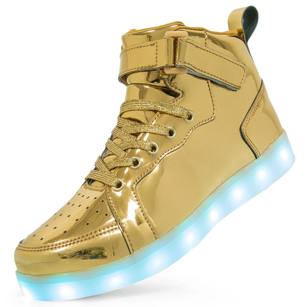 Black high-top LED light-up sneakers with velcro straps and a lit sole.