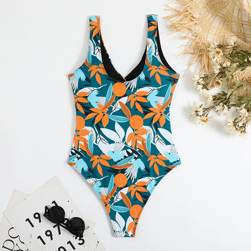 Women's high-waist printed one-piece bikini swimsuit in polyester fabric