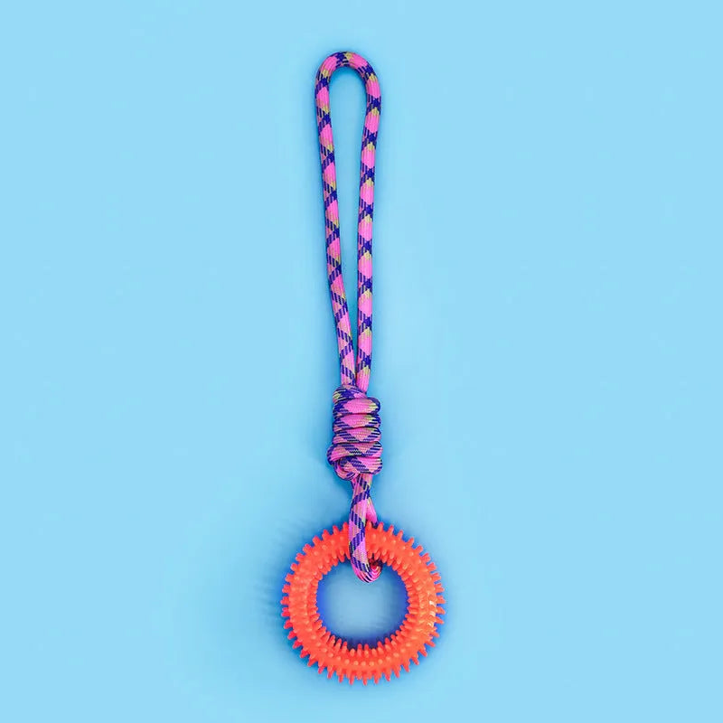 Blue braided rope dog chew toy with central knot measuring 43cm long