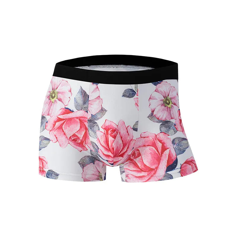Men's light grey printed polyester underwear laid flat, showing mid waist design.