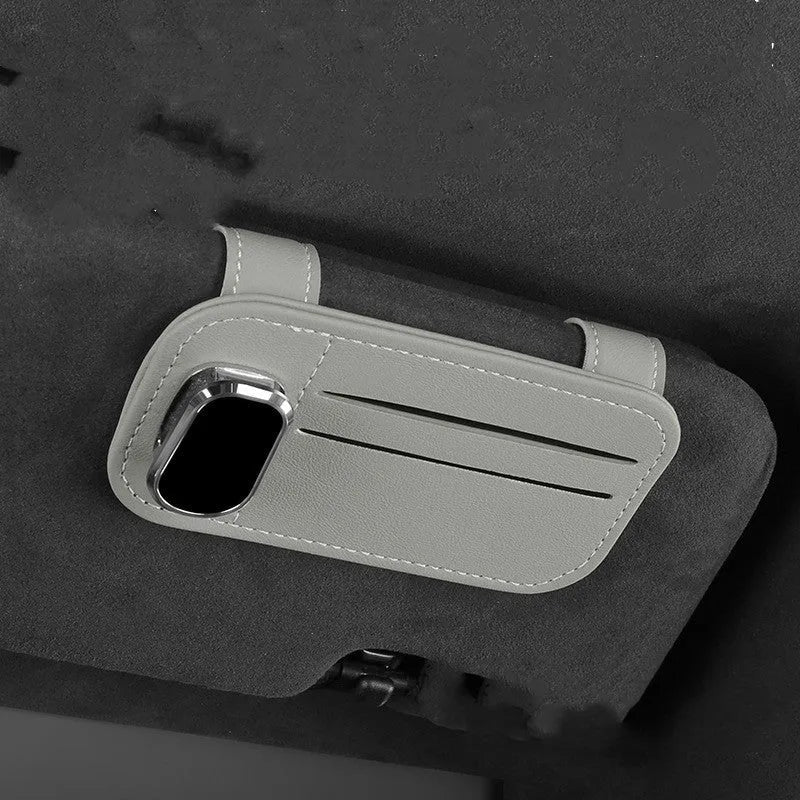 Cowhide leather car sun louver card holder with glasses clip in various colour options