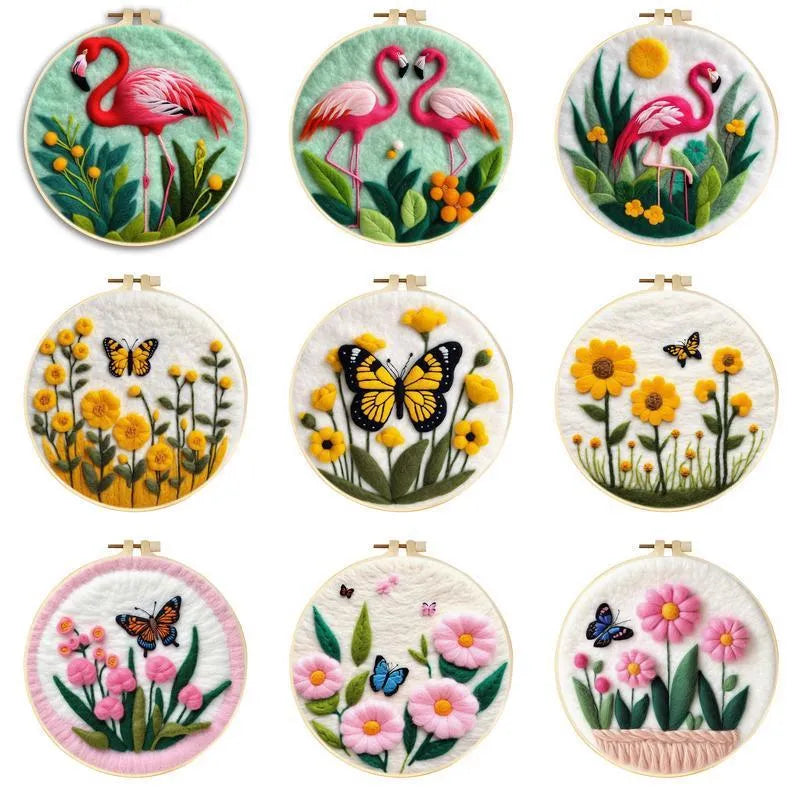Round linen embroidery kit with wool felt materials for three-dimensional floral design