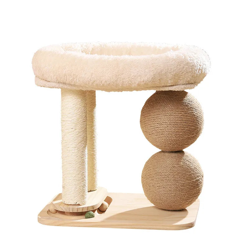 Pine wood cat nest with dual column double grasping balls in sisal style