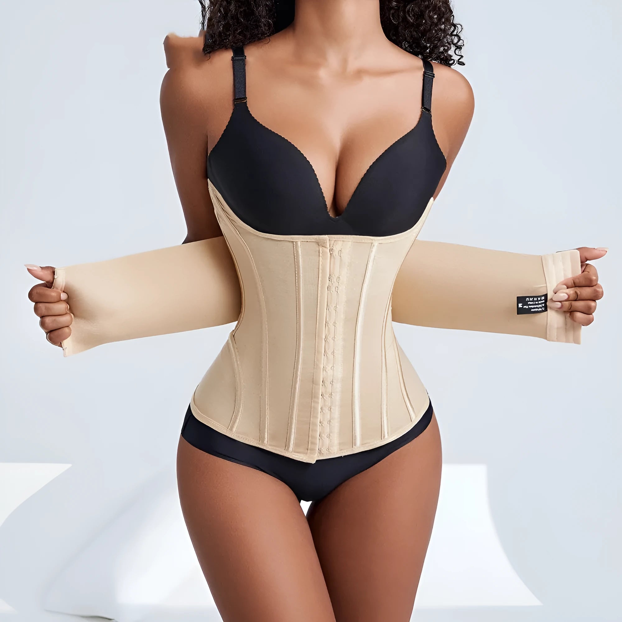 Nylon waist training belly band in black or apricot colour showing belt tie fastener