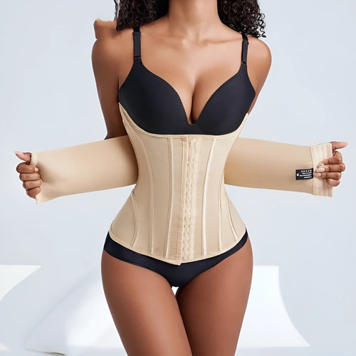 Nylon waist training belly band in black or apricot colour showing belt tie fastener