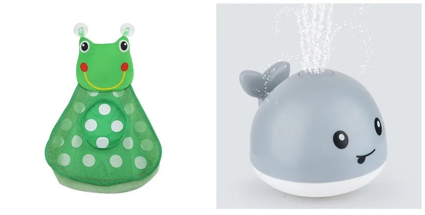 White and blue whale-shaped bath toy with water spray and LED lights floating in water