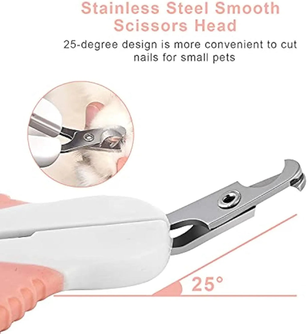 Grey and pink cat nail clippers with angled blade and safety guard for pet grooming