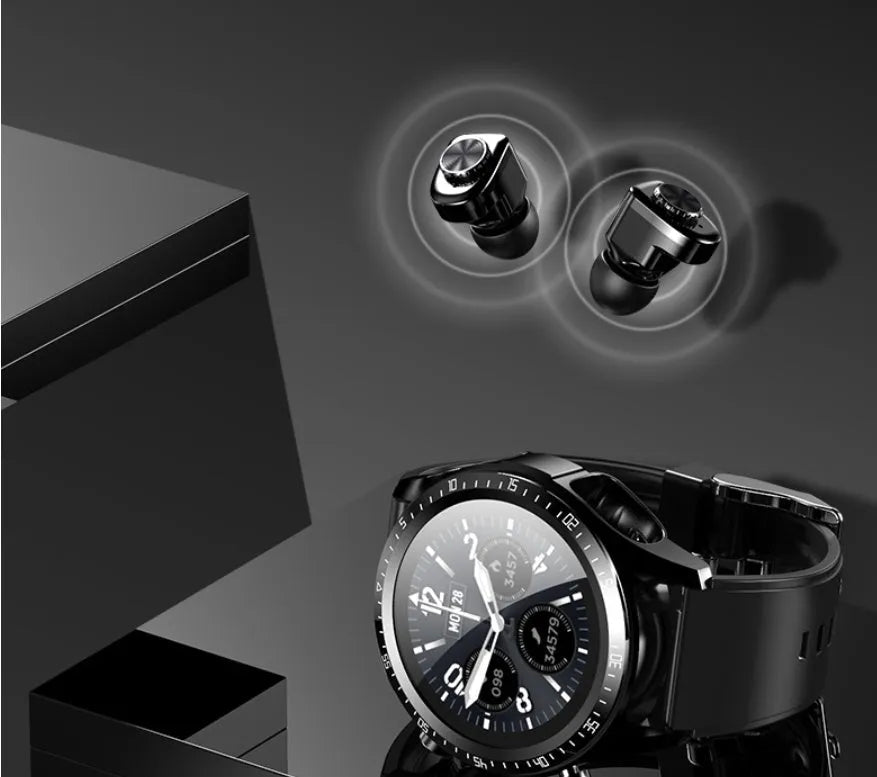 Black smart watch with silicone strap displaying blood pressure and oxygen data on a 1.28-inch screen.