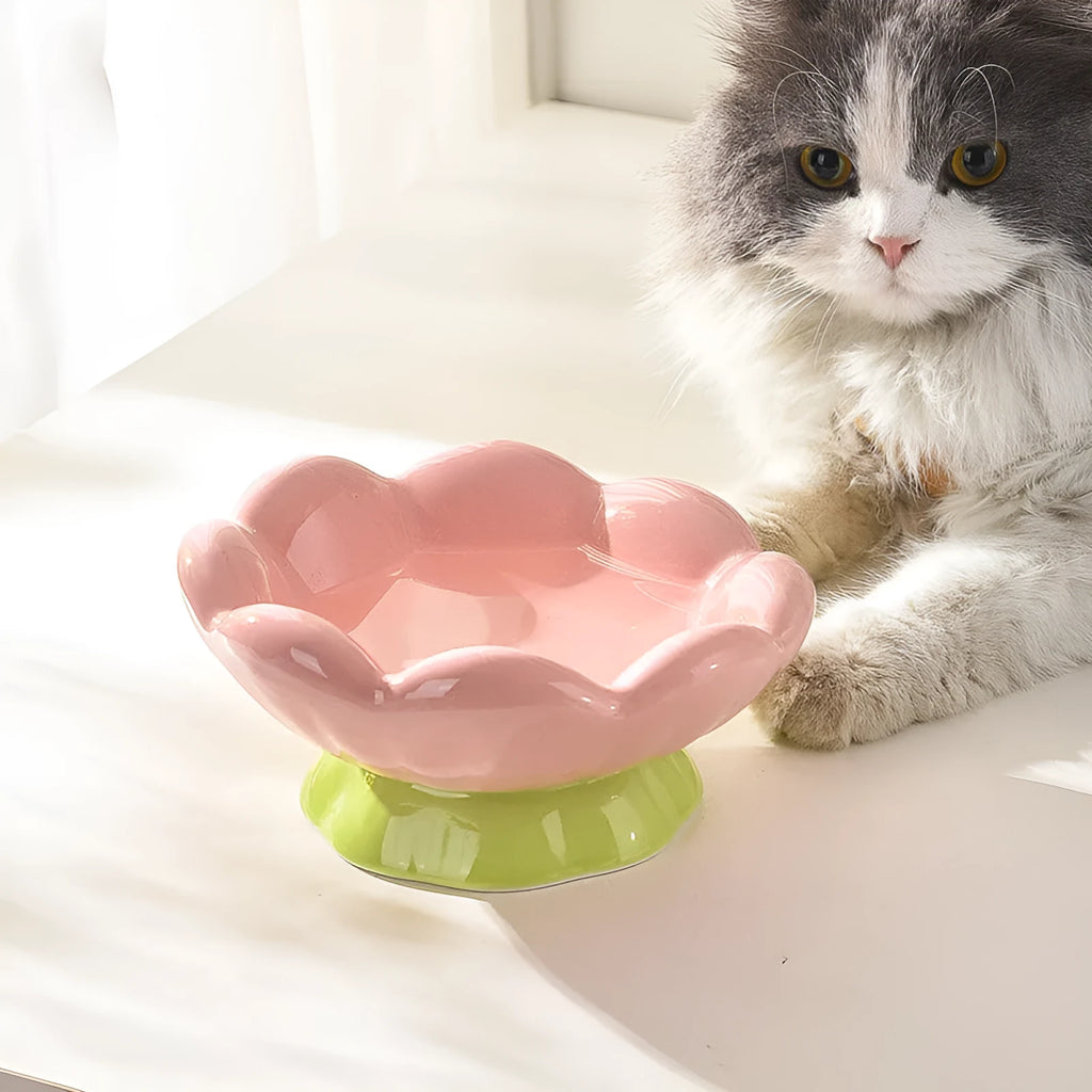 Ceramic Raised Cat Bowl Shallow Wide Flower Design Anti-Vomiting And Whisker Fatigue Non-Slip Tilted 15-Degree Angle Cute Cat Food And Water Bowls For Indoor Cats Pink