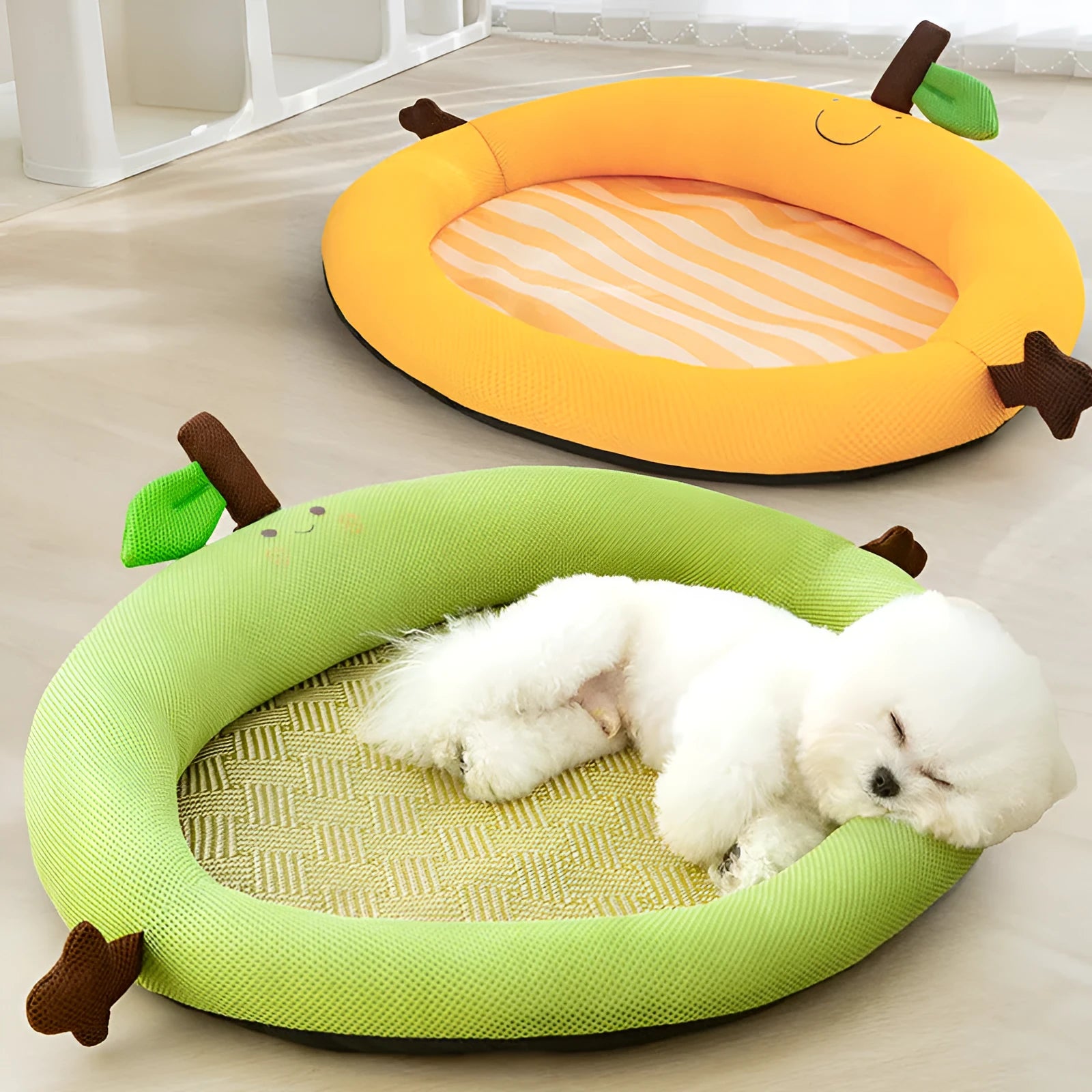 Green pet cooling mat nest bed with fruit backrest for dogs and cats