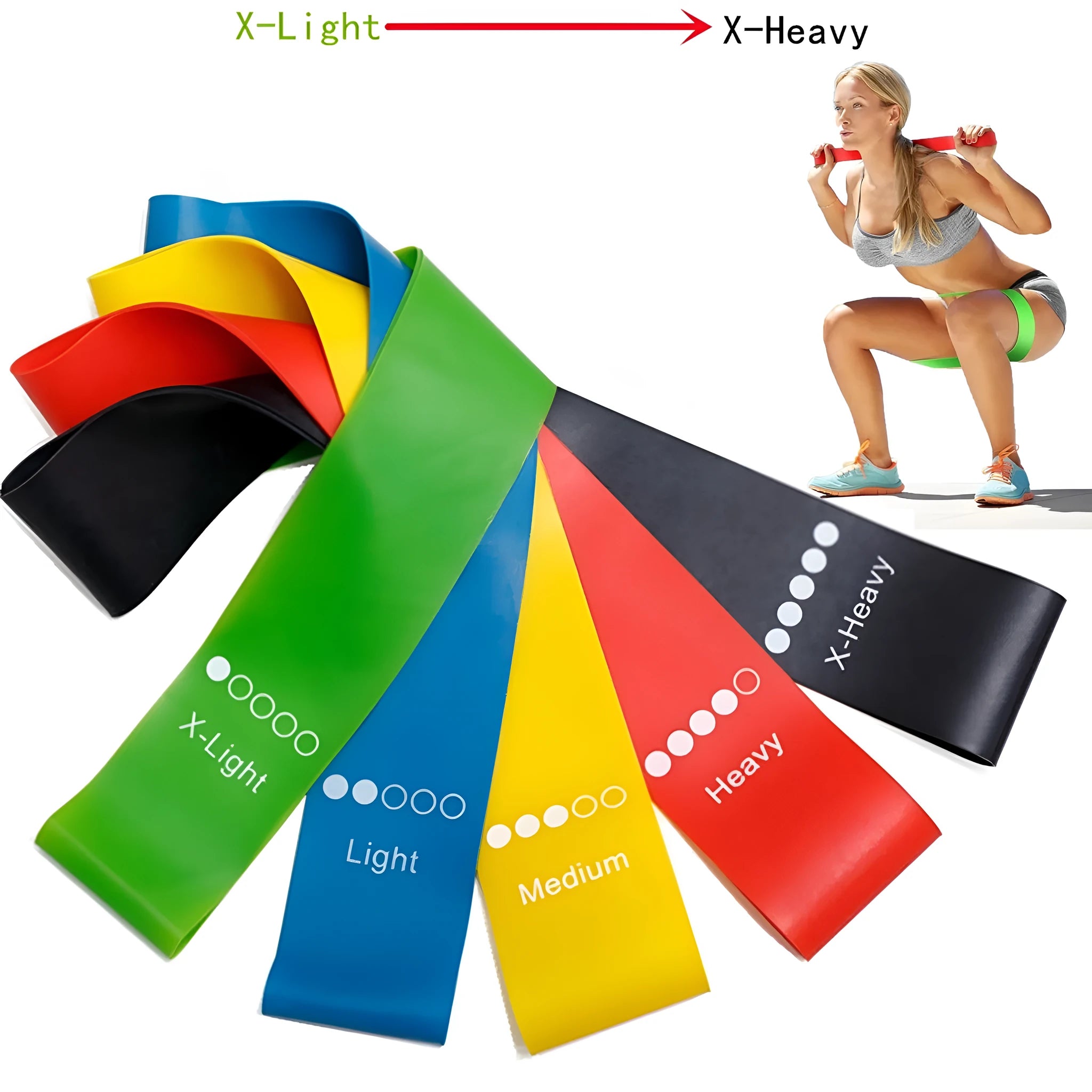 Five colour-coded TPE yoga tension straps with graduated thickness for resistance training