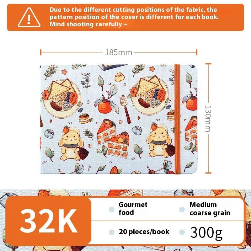 Feiluniao handmade fabric watercolour sketchbook with colourful themed cover, 185mm long.
