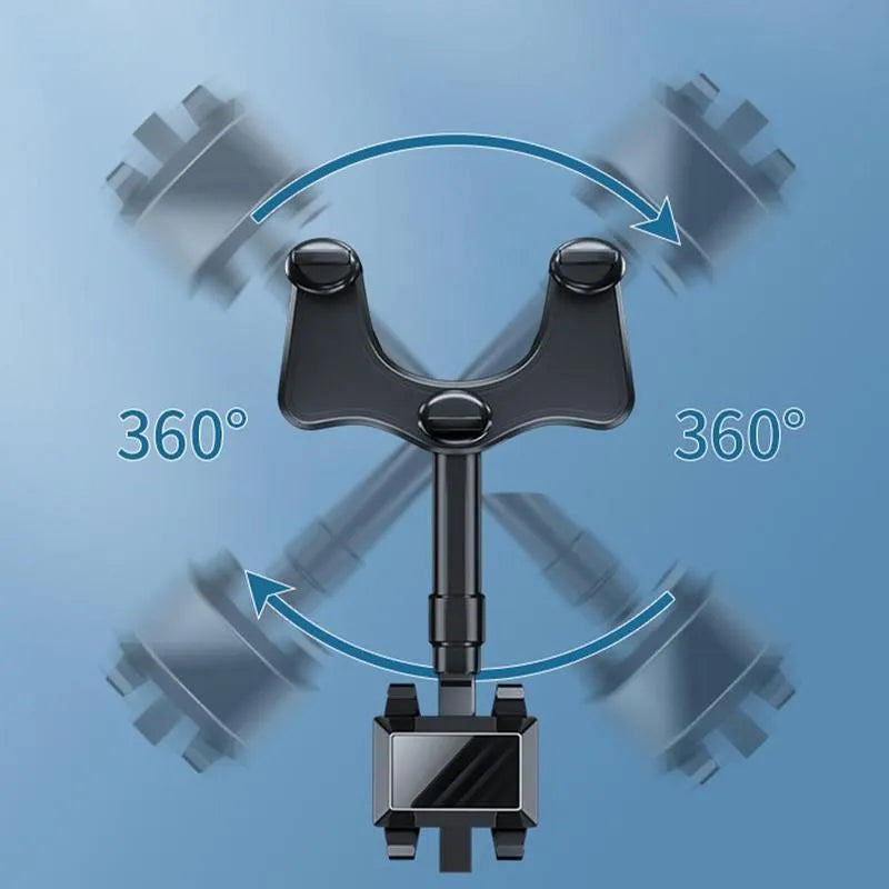 Black rearview mirror phone holder with telescopic arm and 360-degree rotation mechanism