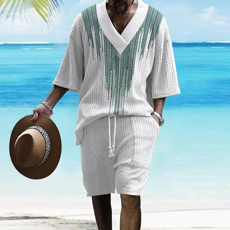 Printed men's knitted short-sleeved top and matching shorts in a drop-shoulder design.