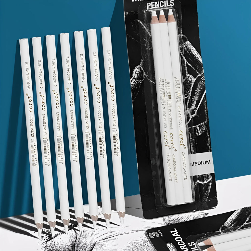 Three white charcoal sketching pencils with wooden barrels for highlighting on dark paper