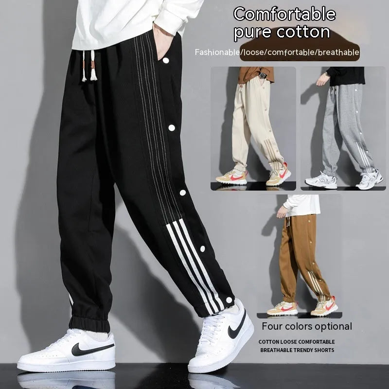 Men's cotton blend sweatpants with high waist and belt in solid autumn colours