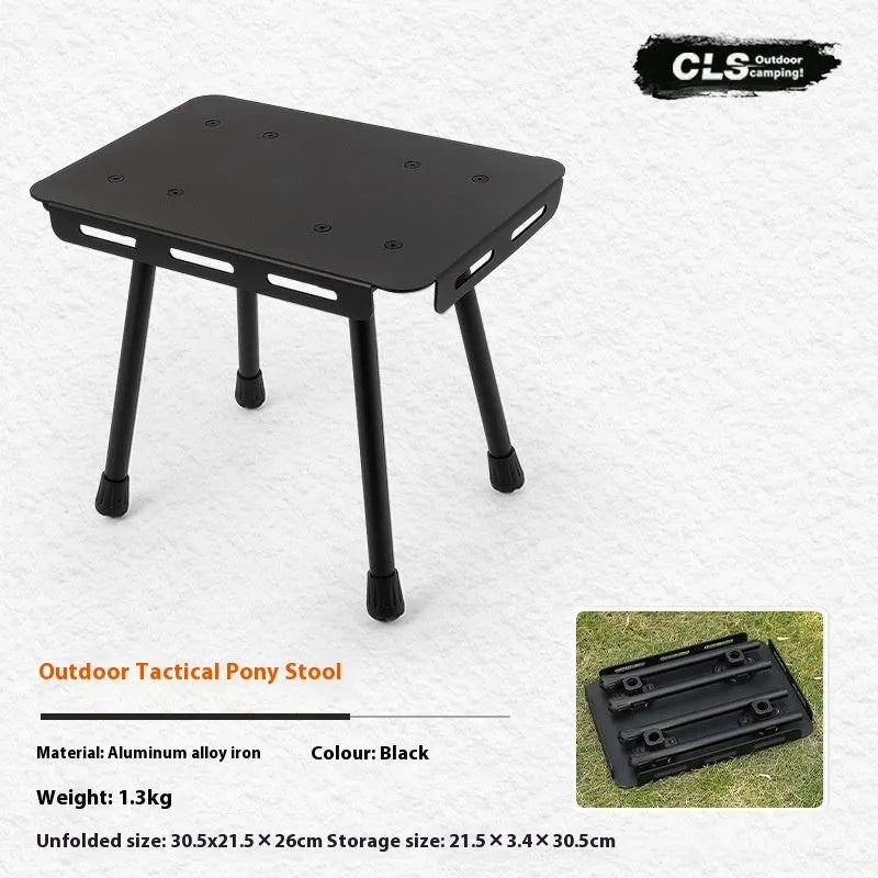 CLS aluminium folding camping stool shown in beige, extended as a table and folded with its storage bag.