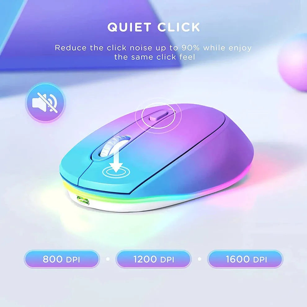 24g rechargeable wireless mouse in various colours showing ergonomic shape and USB cable